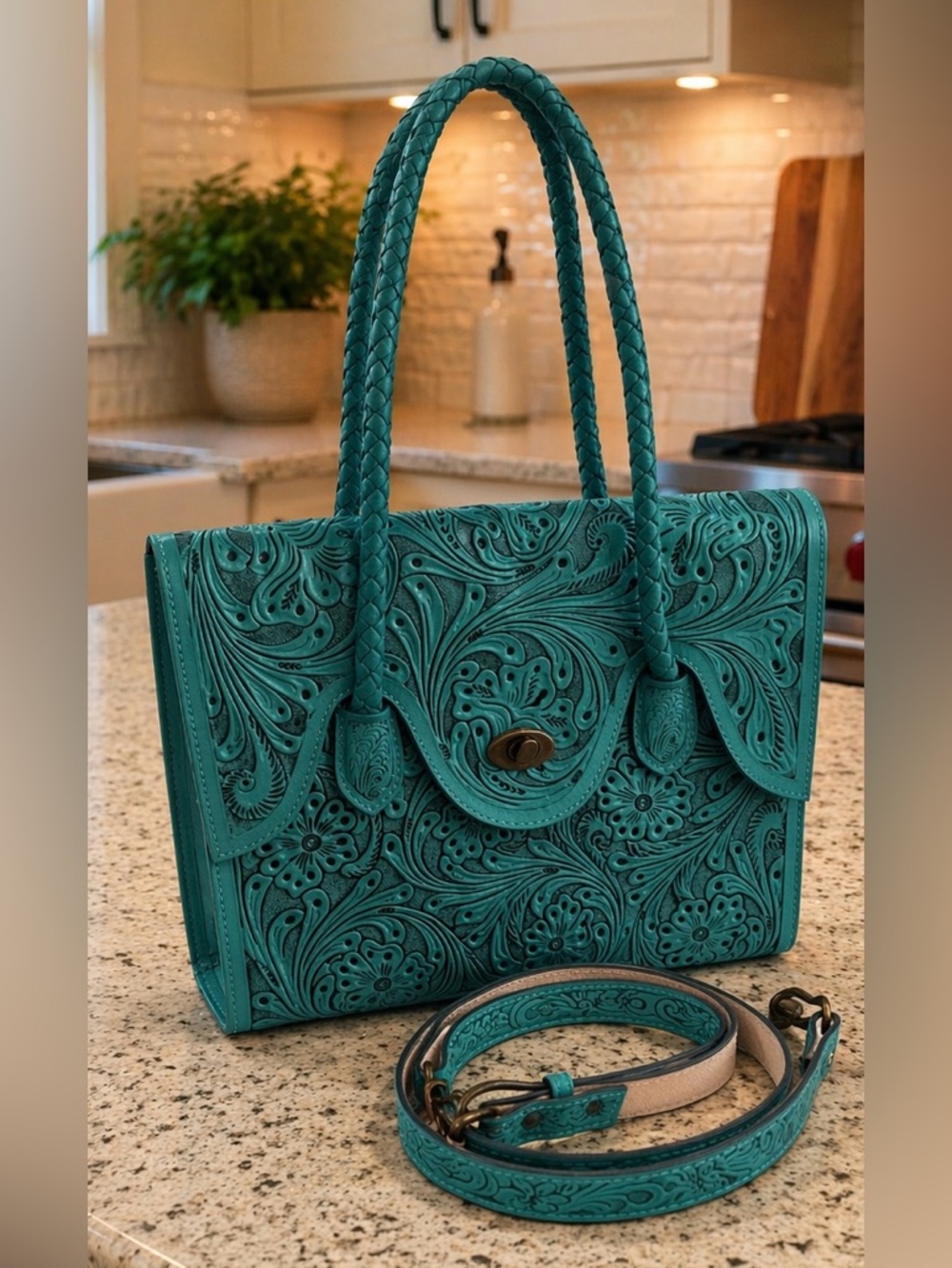 Teal Tooled Leather Tote Bag - Women